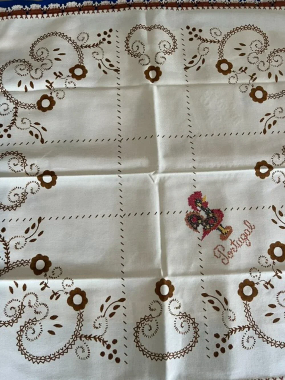 Two Vintage Cotton Hand Embroidered  Tea Square Tablecloths (Beige & Blue)